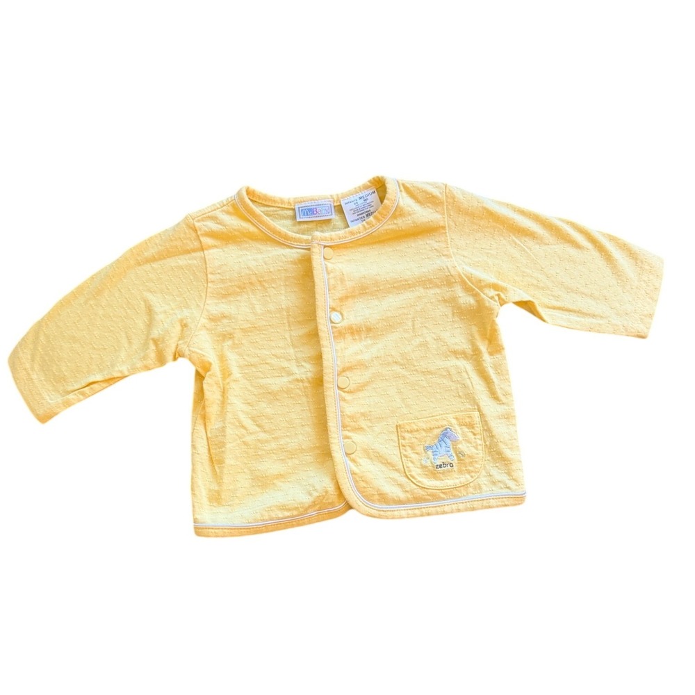 McBaby Vintage Yellow Pointelle Knit Zebra Embroidered Snap Front Cardigan 3-6M